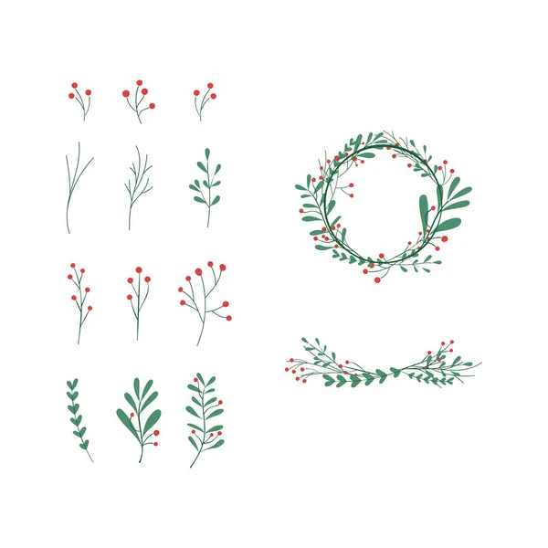 Elegante conjunto de flores de hierbas para la tarjeta de Navidad con ramas de abeto y flores — Archivo Imágenes Vectoriales