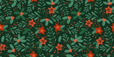 Yeşil çiçek dalı - Noel çiçeği, omela, yaprak ile kusursuz desen