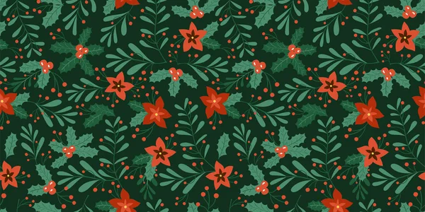 초록빛 꽃가지 - 크리스마스 꽃, 오 믈라, 잎이 달린 솔기없는 무늬 — 스톡 벡터