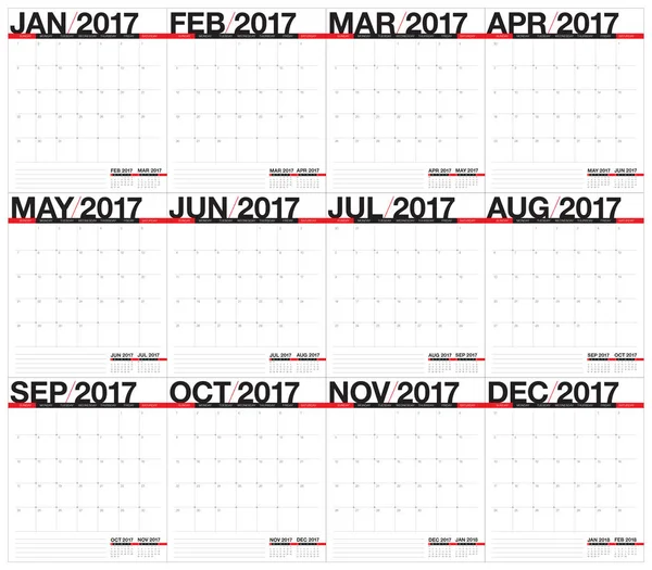 Ano 2017 tabela calendário modelo de design vetorial — Vetor de Stock