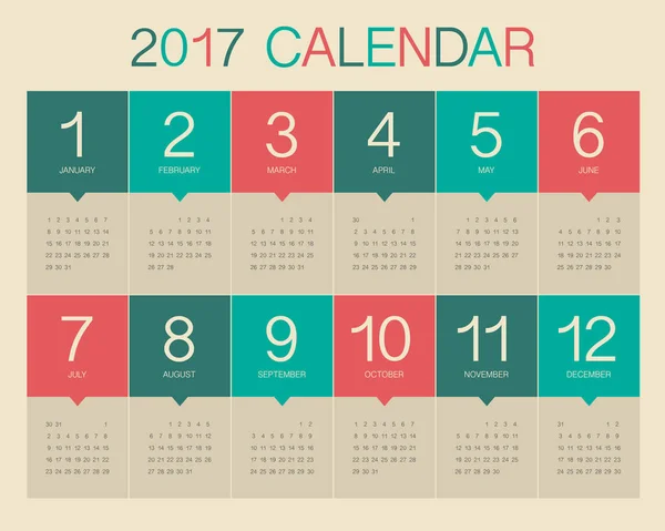 Año 2017 Plantilla de diseño de vector de calendario — Vector de stock