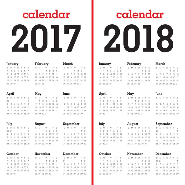 Modèle de calendrier simple pour 2017 et 2018 — Image vectorielle