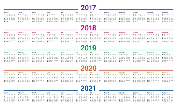 Egyszerű naptár sablon 2017-2021 — Stock Vector