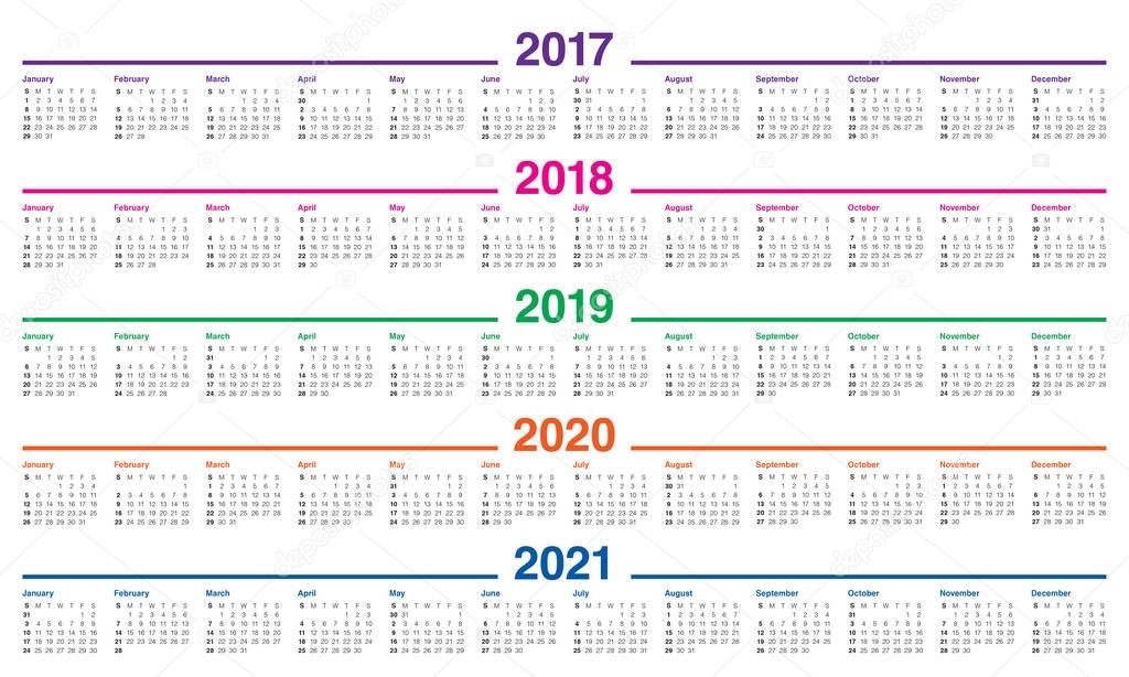 Simple Calendar template for 2017 to 2021