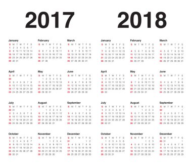 2017 ve 2018 için basit Takvim şablonu