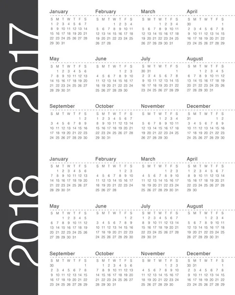 Modello di calendario semplice per il 2017 e il 2018 — Vettoriale Stock