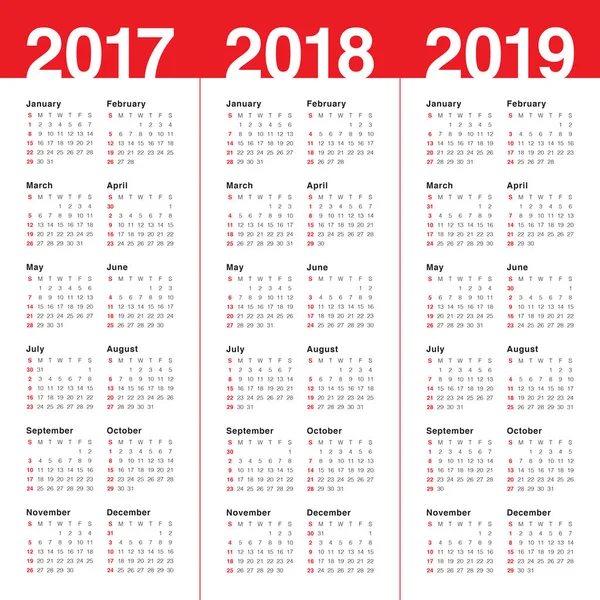 Modelo de calendário simples para 2017 a 2019 — Vetor de Stock