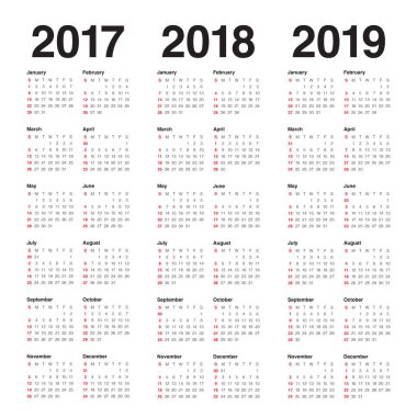 2017-2019 için basit Takvim şablonu
