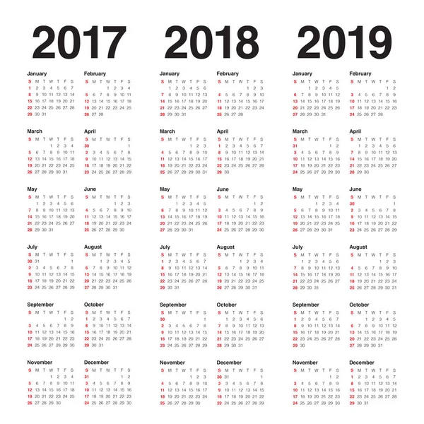 Modèle de calendrier simple pour 2017 à 2019 — Image vectorielle