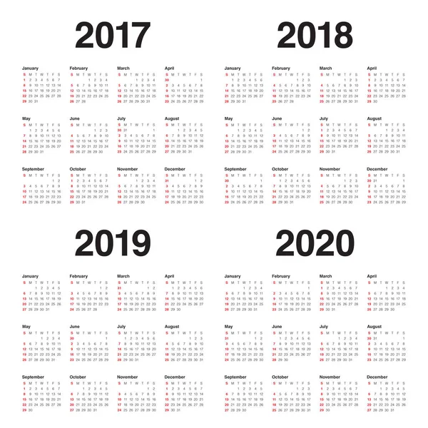 Eenvoudige kalendersjabloon voor 2017 tot en met 2020 — Stockvector