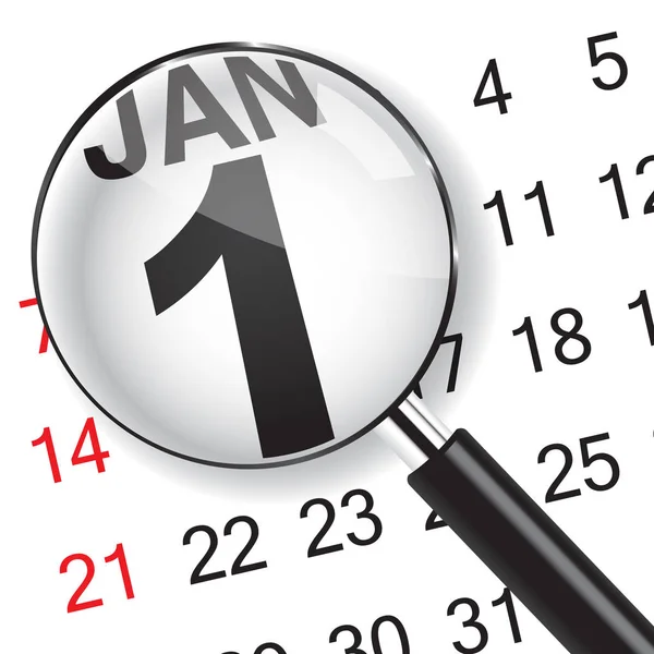 1 januar kalender mit magnifer. — Stockvektor