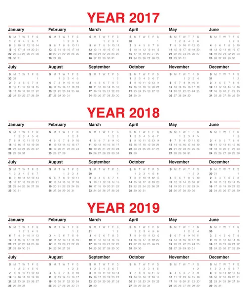 Einfache Kalendervorlage für 2017 bis 2019 — Stockvektor