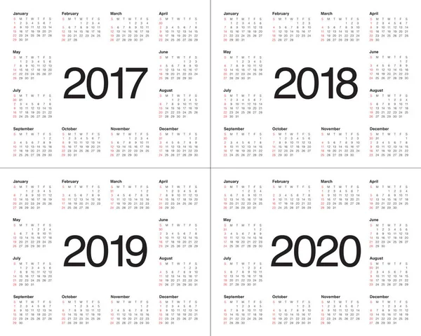 Egyszerű naptár sablon 2017-a 2020-ig — Stock Vector