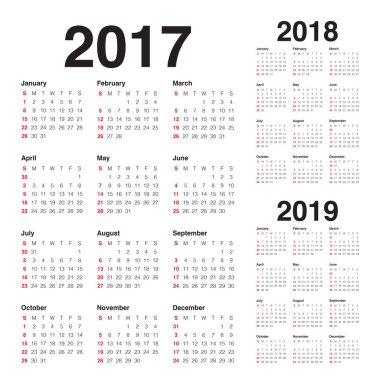 2017-2019 için basit Takvim şablonu