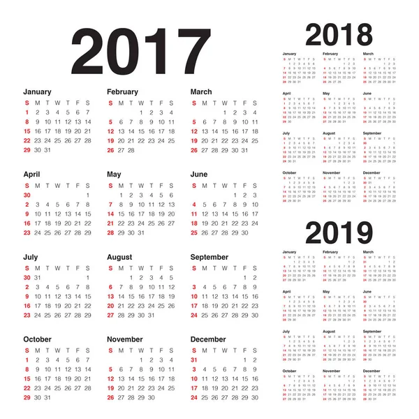 Simple Calendar template for 2017 to 2019 — Stock Vector