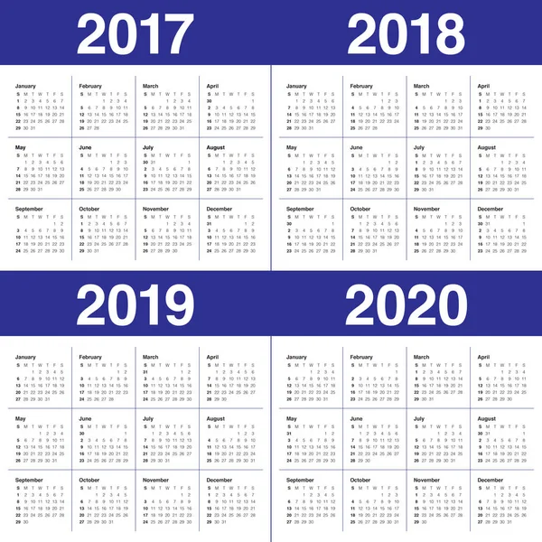 Простой шаблон календаря на 2017-2020 гг. — стоковый вектор