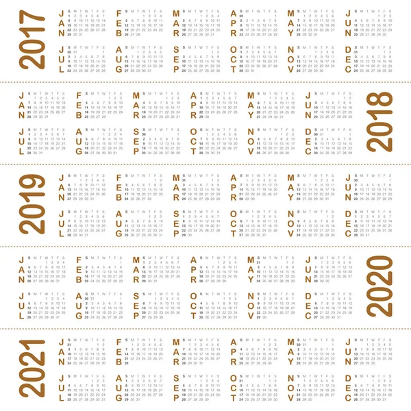 Modelo de calendário simples para 2017 a 2021 — Vetor de Stock