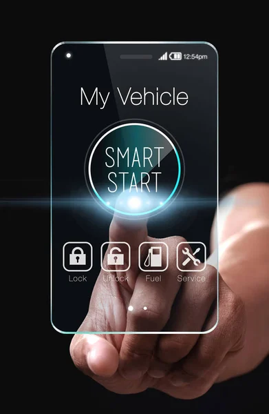 Hand berührt Smart-Start-Symbol auf dem Smartphone. — Stockfoto