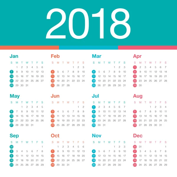 Jahr 2018 Kalendervektor-Design-Vorlage — Stockvektor