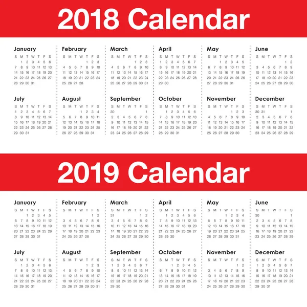 Anno 2018 2019 calendario vettoriale — Vettoriale Stock