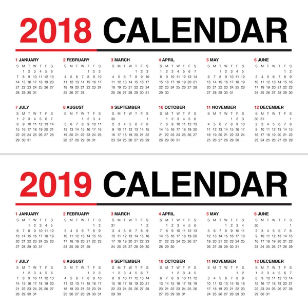 Année 2018 2019 vecteur de calendrier — Image vectorielle