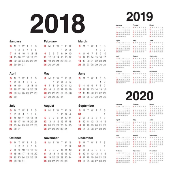 Anno 2018 2019 2020 calendario vettoriale — Vettoriale Stock