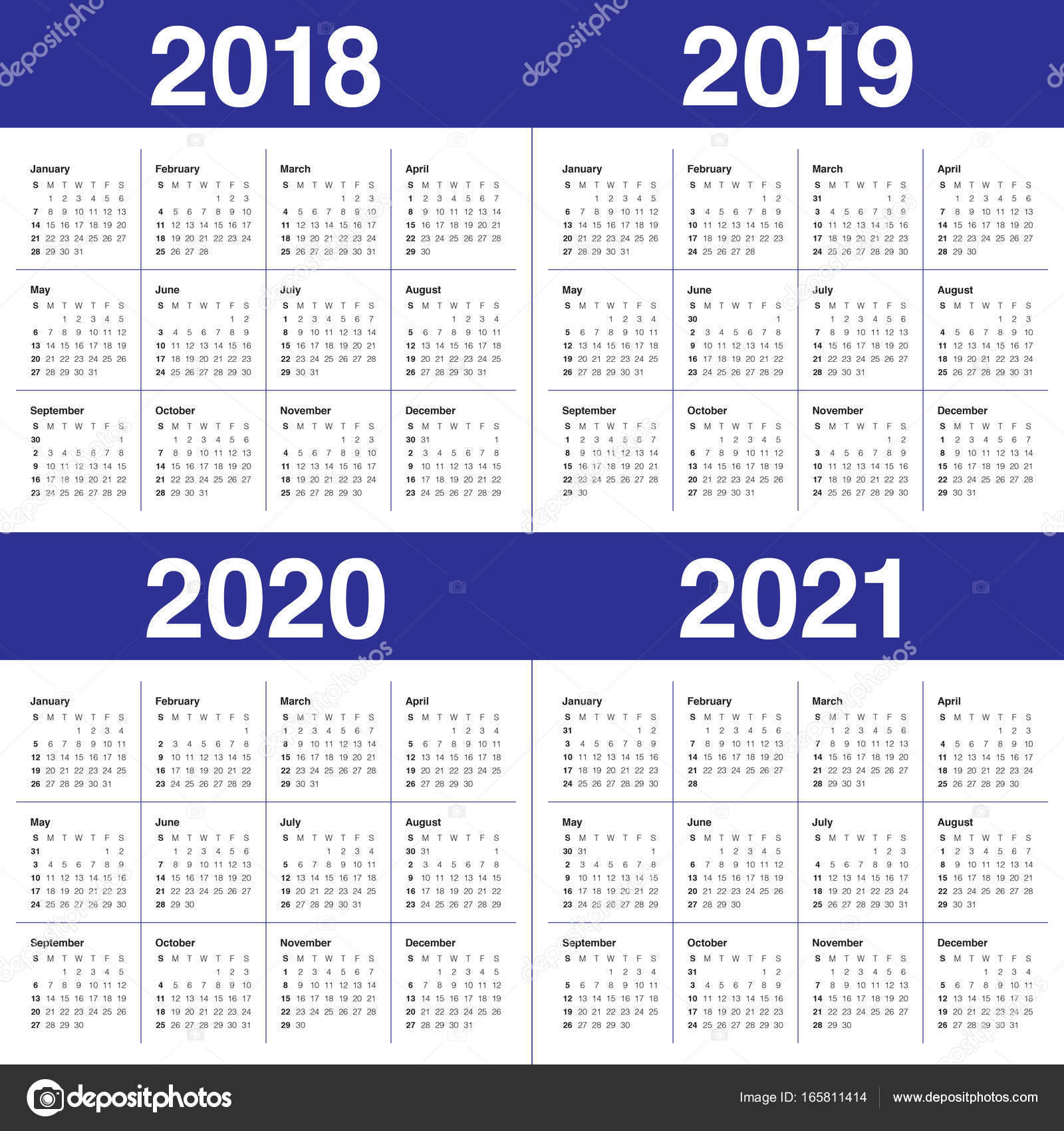 Calendar Template 2018 2019 And 2020 Years Vector Image | Images and ...