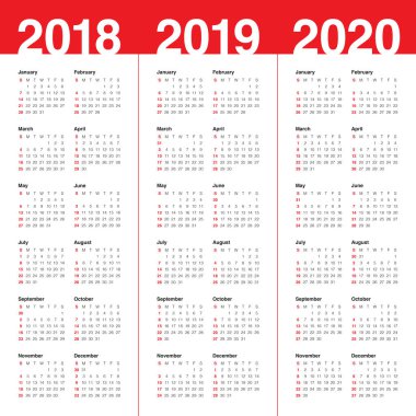 Yıl 2018 2019 2020 takvim vektör