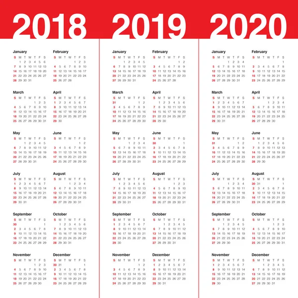 Año 2018 2019 2020 vector de calendario — Archivo Imágenes Vectoriales