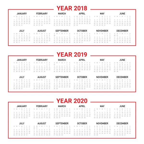 Año 2018 2019 2020 vector de calendario — Vector de stock