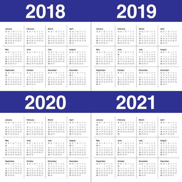 Año 2018 2019 2020 2021 vector de calendario — Vector de stock