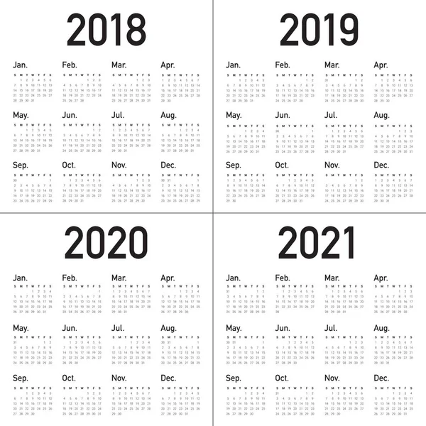 Rok 2018 2019 2020 2021 kalendarz wektor — Wektor stockowy