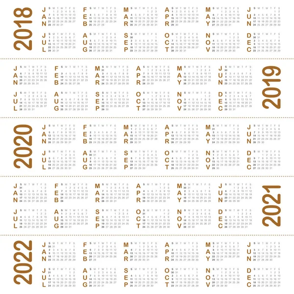 2018 2019 2020 2021 2022 年カレンダー ベクトル — ストックベクタ