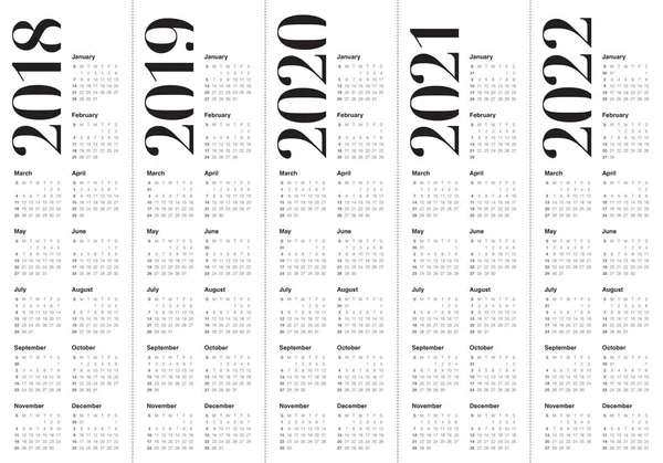 Année 2018 2019 2020 2021 2022 vecteur de calendrier — Image vectorielle