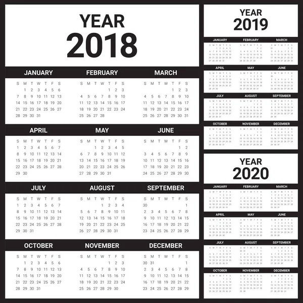 Jahr 2018 2019 2020 Kalendervektor — Stockvektor