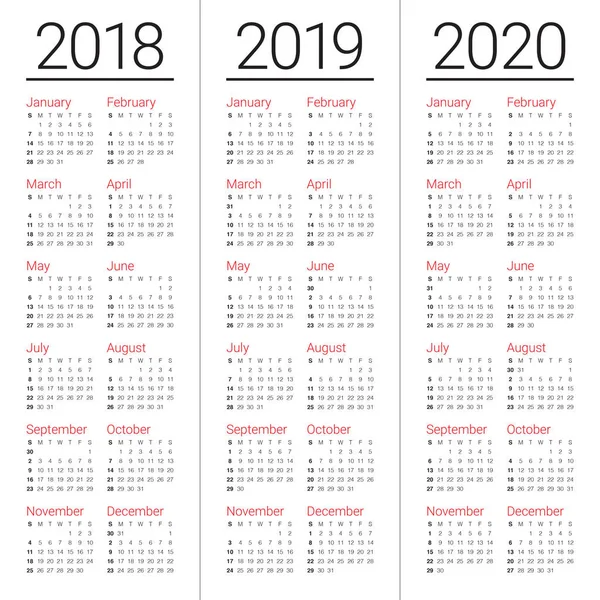 År 2018 2019 2020 kalender vektor — Stock vektor