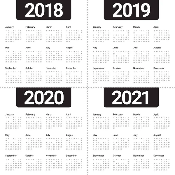 Año 2018 2019 2020 2021 vector de calendario — Vector de stock