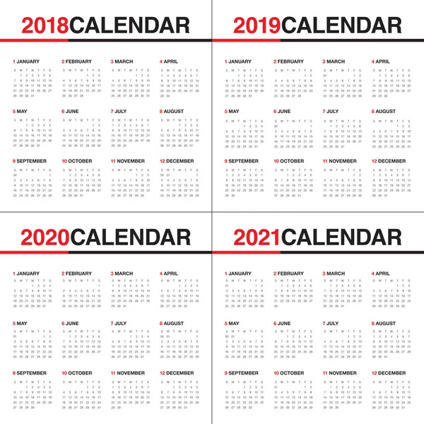 År 2018 2019 2020 2021 kalender vektor — Stock vektor