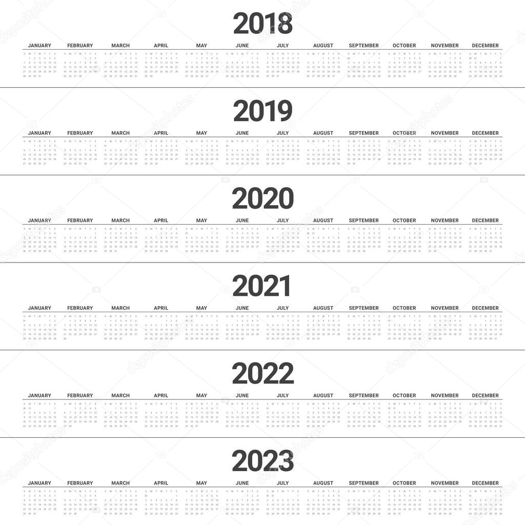 Year 2018 2019 2020 2021 2022 2023 calendar vector