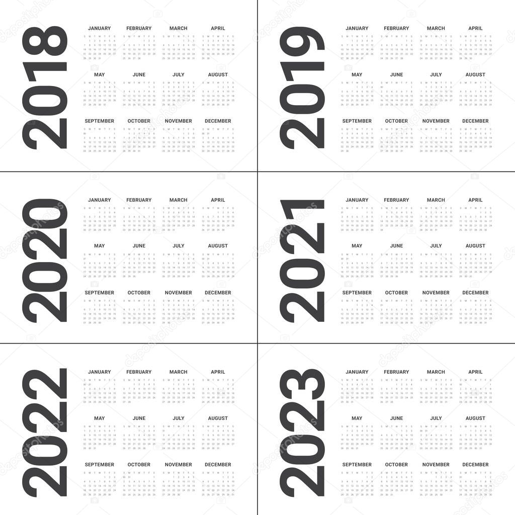 Year 2018 2019 2020 2021 2022 2023 calendar vector