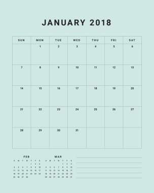 Ocak 2018 Resepsiyon takvim vektör çizim