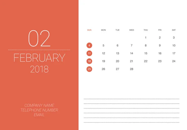 Fevereiro 2018 tabela calendário vetor ilustração — Vetor de Stock
