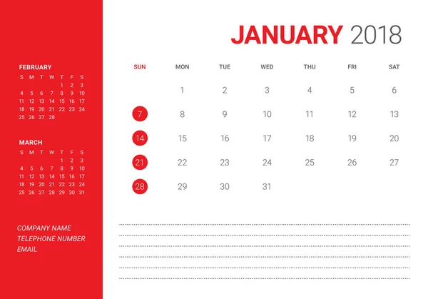 Січень 2018 Таблиця календаря Векторні ілюстрації — стоковий вектор