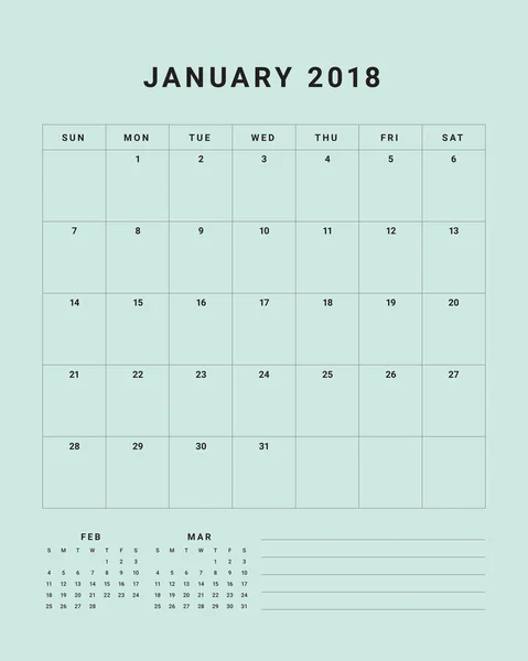 Janvier 2018 illustration vectorielle de calendrier de bureau — Image vectorielle