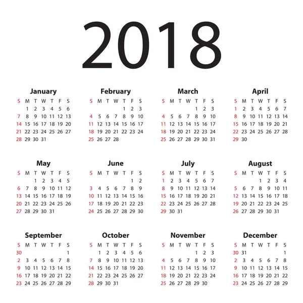 Año 2018 plantilla de diseño de vectores calendario — Vector de stock