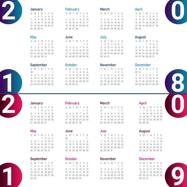 Año 2018 2019 vector calendario — Vector de stock