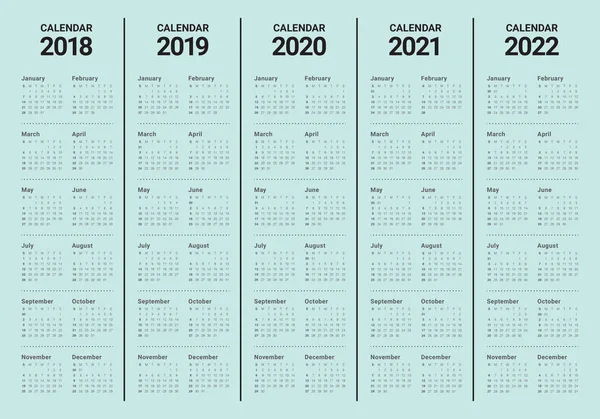 År 2018 2019 2020 2021 2022 kalender vektor — Stock vektor