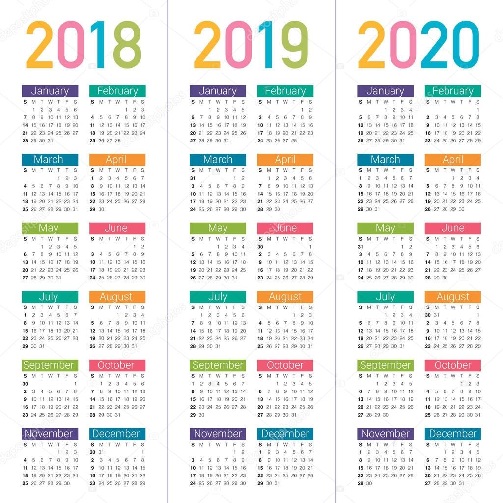 Vecteur de calendrier de l’année 2018 2019 2020 — Image vectorielle ...