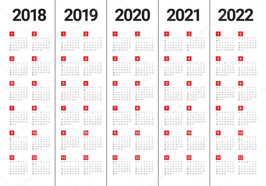 Year 2018 2019 2020 2021 2022 calendar vector