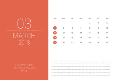 Mart 2018 Resepsiyon takvim vektör çizim